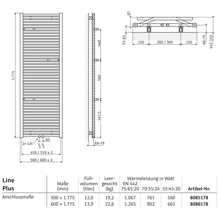 HSK Line Plus Badheizkörper 50 x 177,5 cm - Anthrazit