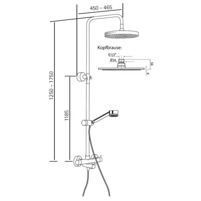 HSK Shower-Set Modell RS 200 Thermostat für Badewanne mit Kopfbrause superflach und rund 25 cm