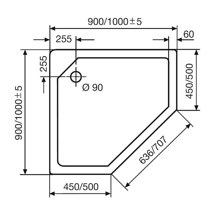 HSK Fünfeck-Duschwanne super-flach 100 x 100 cm mit Antislip