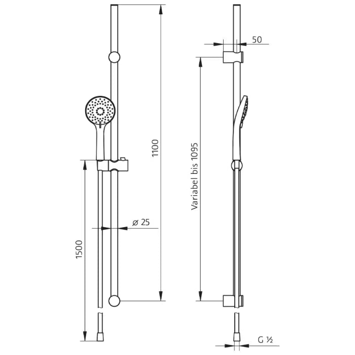 HSK Design-Handbrause rund mit 3 Strahlarten inkl. Brauseschlauch und Brausestange