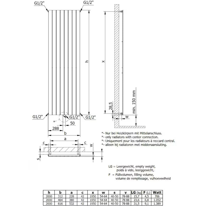 HSK Alto Badheizkörper 29,8 x 200 cm mit Anschluss beidseitig unten - Graphit-Schwarz