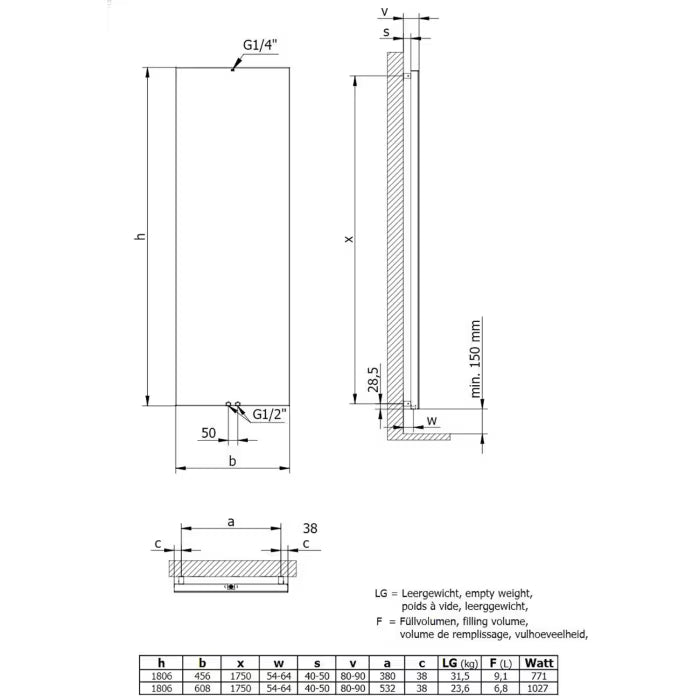 HSK Atelier Line Badheizkörper 60,8 x 180,6 cm Mittelanschluss - Anthrazit