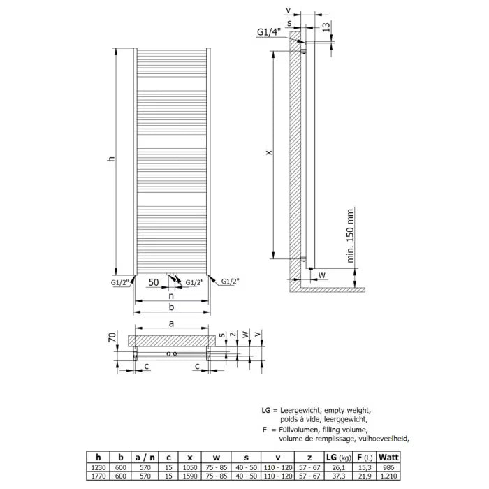 HSK Line Two Badheizkörper 60 x 177 cm - Anthrazit