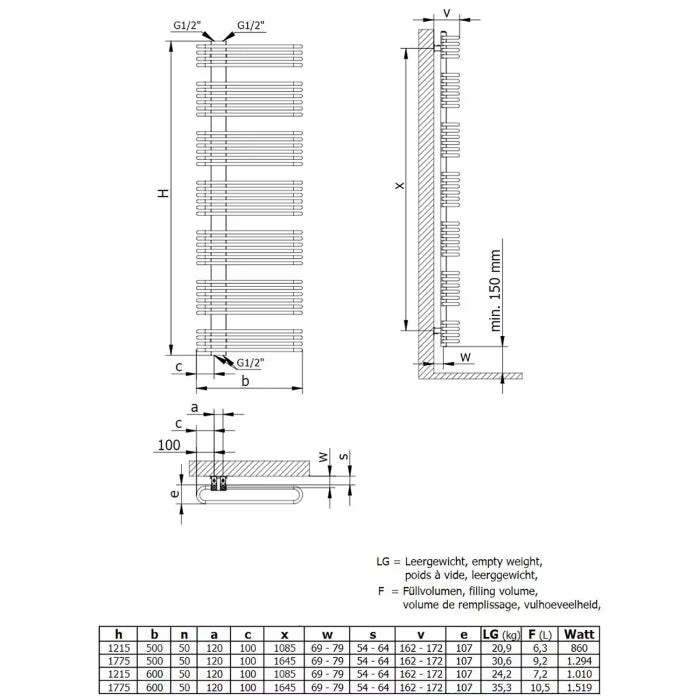 HSK Badheizkörper Premium 50 x 121,5 cm Mittelanschluss versetzt - Graphit-Schwarz
