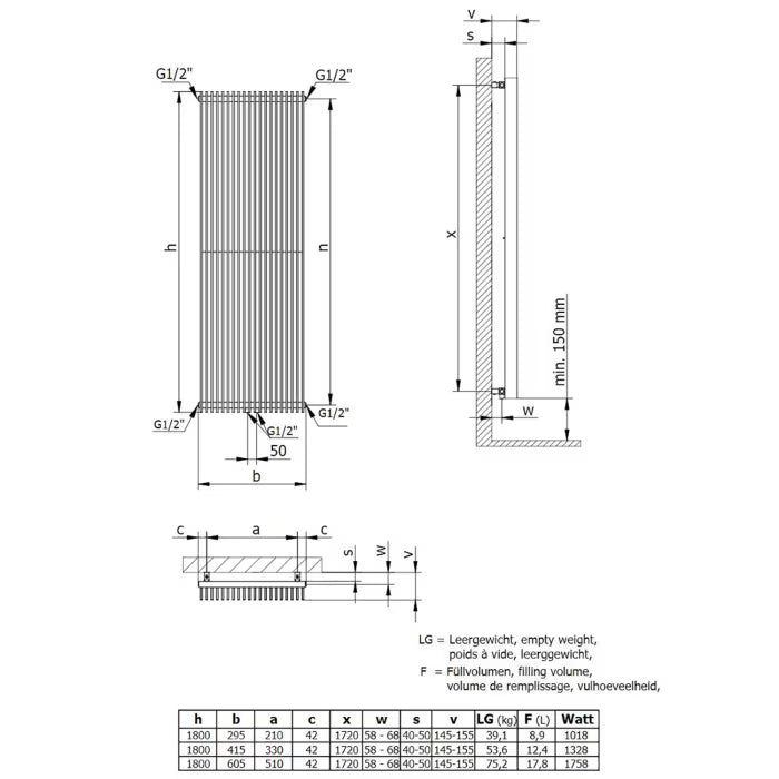HSK Sky Badheizkörper mit Mittelanschluss unten 29,5 x 180 cm - Graphit-Schwarz