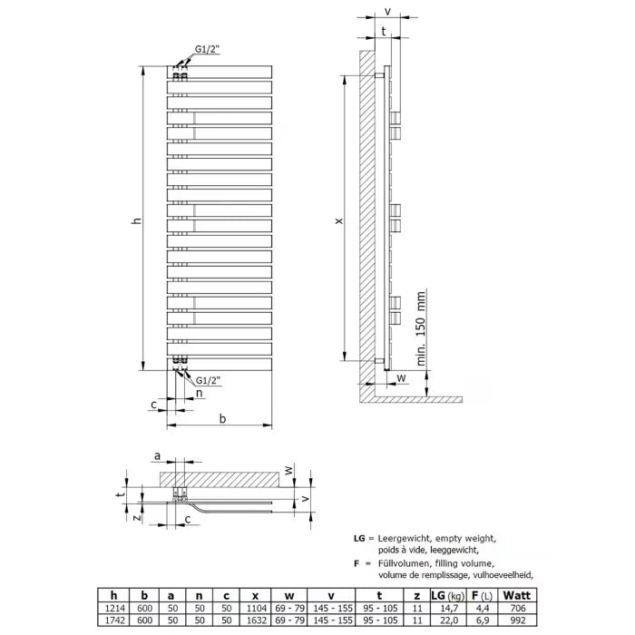 HSK Yenga Plus Badheizkörper 60 x 121 cm - Pergamon