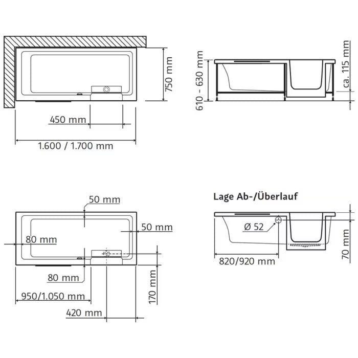 HSK Dusch-Badewanne Dobla 160 cm Einstieg rechts mit Antislip