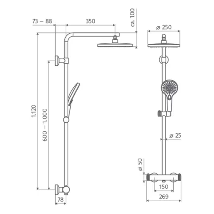 HSK AquaXPro 100 Thermostat mit Shower-Set 25 cm - schwarz matt